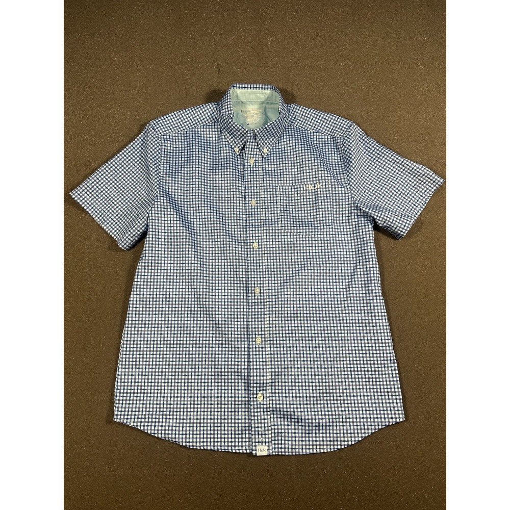 Men's Huk Performance Fishing Blue Checkered Short Sleeve Button Down Small
